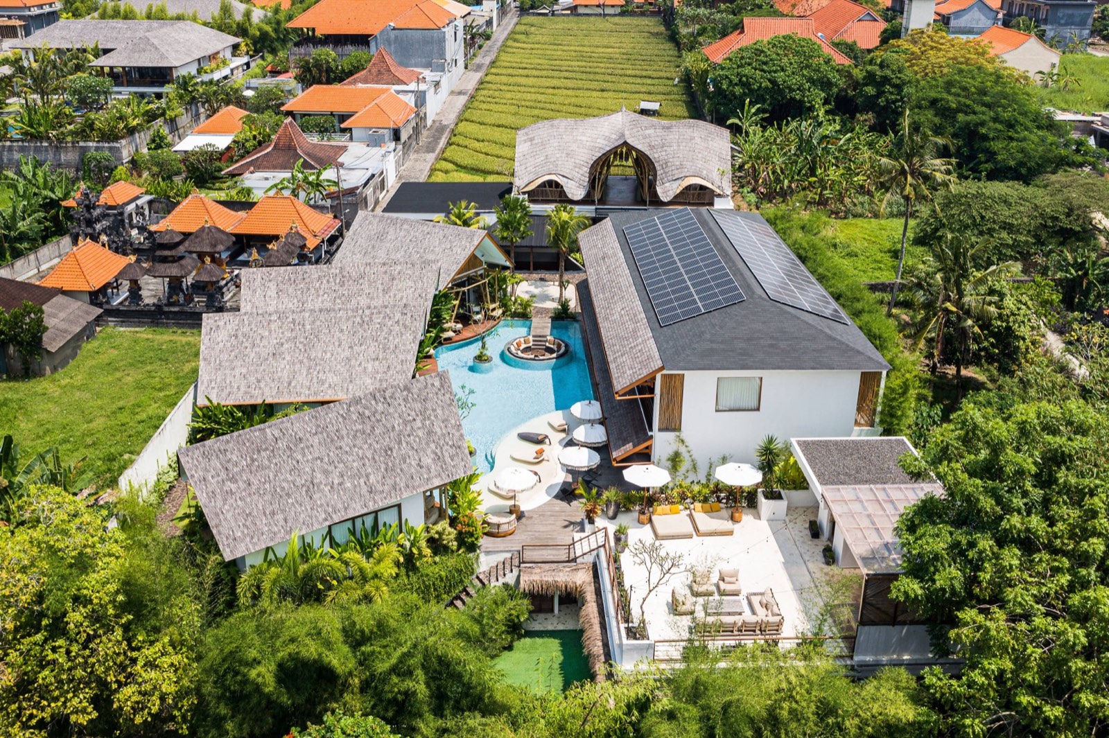 The villa from above, among the rice fields of Canggu